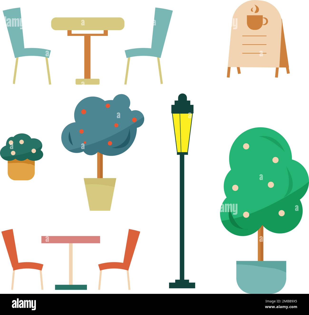 Ensemble d'objets de rue. Table, chaises, lanterne, arbres Illustration de Vecteur