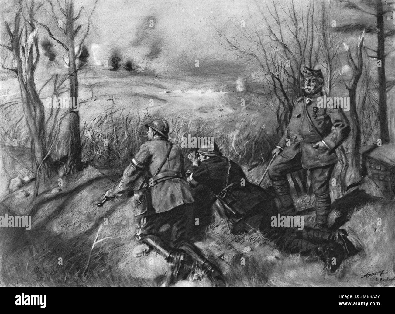'Passant Douamont; le général B. et deux commandants, officiels de liaison, le tir de notre artillerie', 1916. De "Collection de la guerre IV L'Illustration Tomé CXLVII. La guerre janvier, Fevrier, Mars, avril, Mai, Juin 1916". Banque D'Images