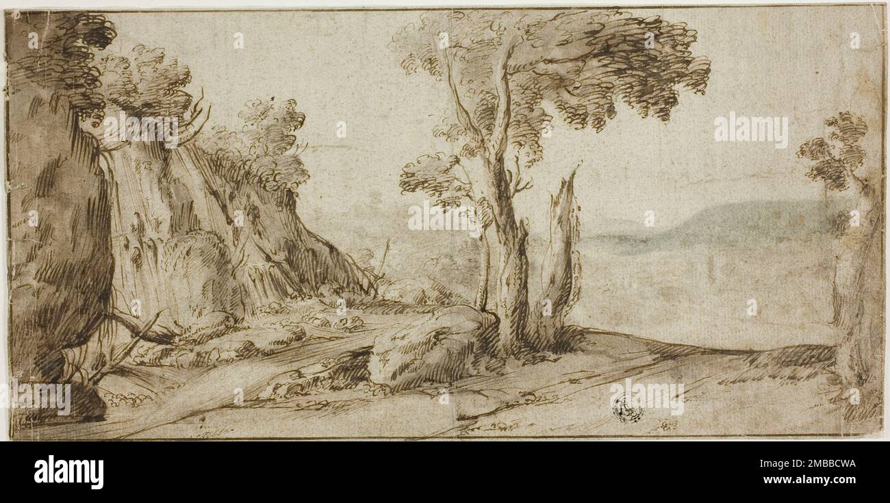 Rochers et arbres sur le bord de la colline, 1625/1655. Banque D'Images