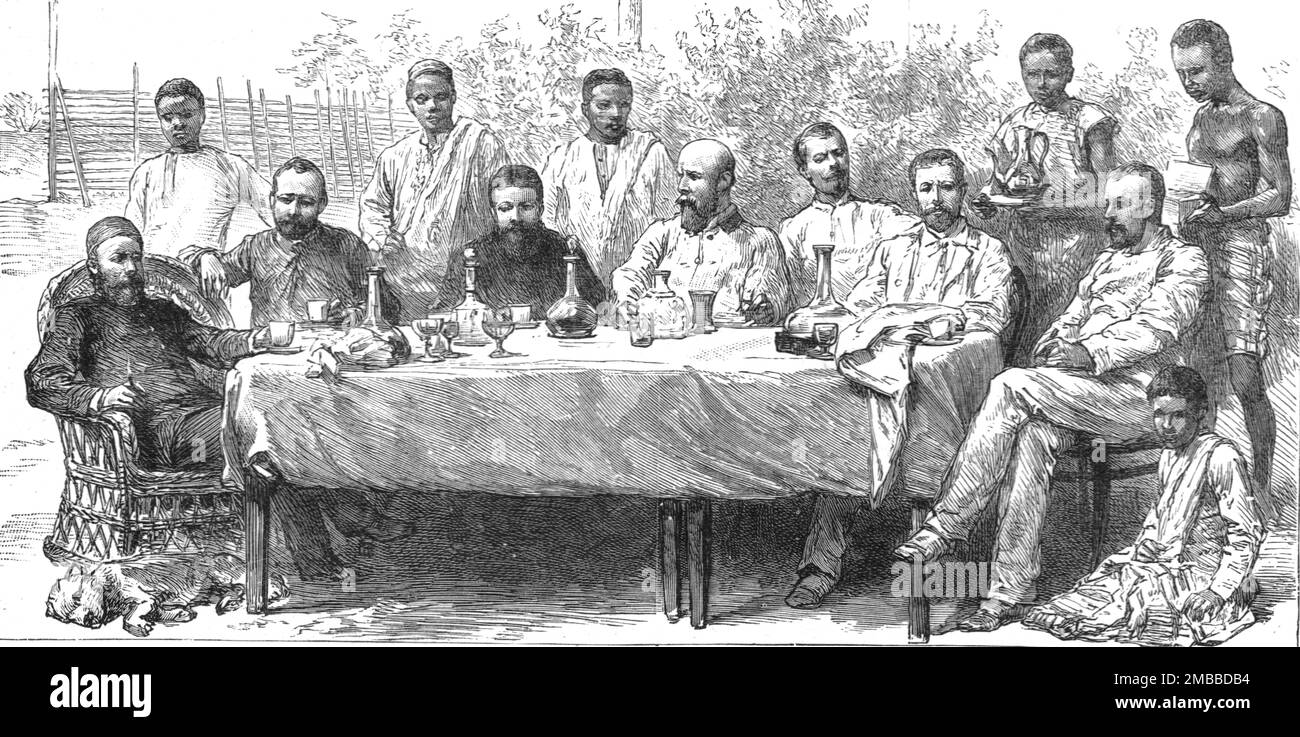 ''la Société belge anti-esclavage sur le Congo; banquet donné à la Société au consulat italien de Boma', 1890. Dans « The Graphic. Un journal hebdomadaire illustré », volume 42. Juillet à décembre 1890. Banque D'Images