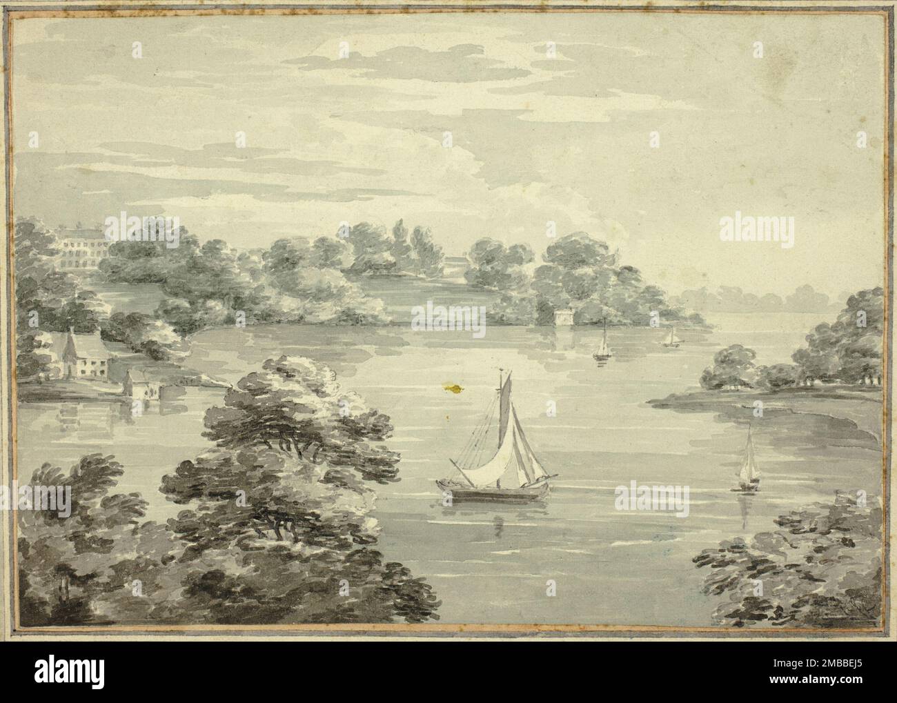 Bateaux à voile sur le lac avec des maisons près de la rive, s.d. Peut-être par Thomas Hearne, Thomas Sunderland ou James Barne. Banque D'Images