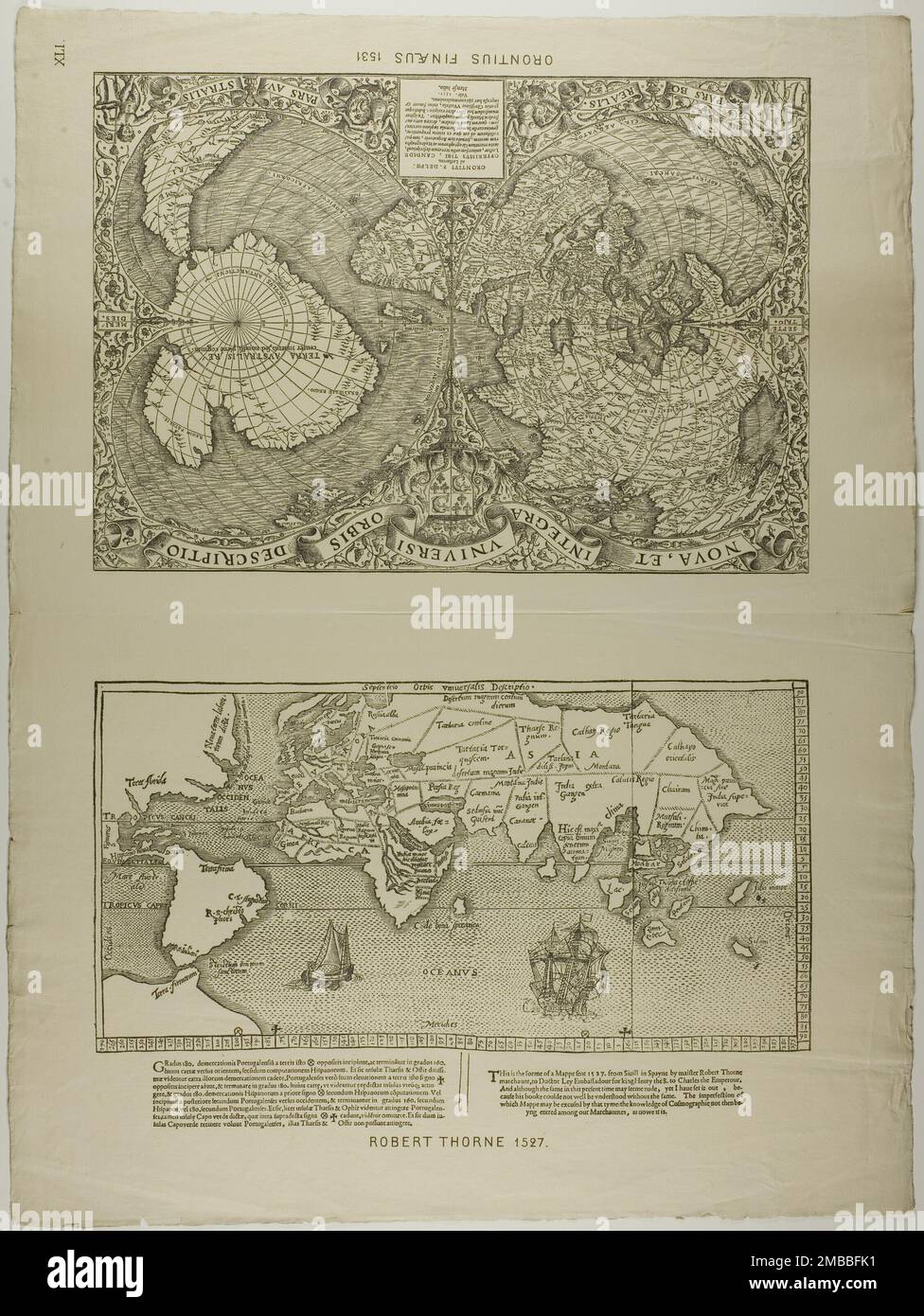 Orontius Finaeus, 1531, réimprimé en 1889. Top: 'Terra Australis' sur la gauche. L'Europe, la Russie, le pôle Nord, la Chine et l'Afrique du Nord sur la droite. En bas: Parties de l'Amérique du Nord et du Sud récemment envahie; Europe, Afrique et Asie. 'C'est la forme d'un Mappe envoyé 1527 de Sivill [Séville] à Spayne par le maister Robert Thorne Marchaunt, au Docteur Ley Ambassadeur pour le roi Henri le 8. À Charles l'Emperour, et bien que la même dans ce temps peut seeme rude, pourtant je l'ai mis dehors, parce que son booke ne pouvait pas bien être compris sans la même chose. L'imperfection dont Mappe peut être e Banque D'Images