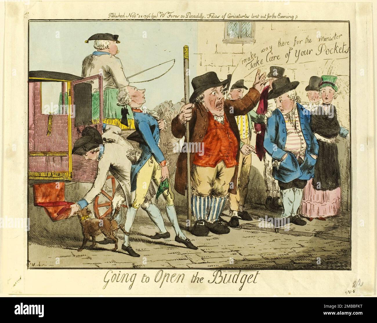 Ouverture du budget, 1796. Le Premier ministre britannique William Pitt, qui est descendu de son autocar, marche vers la porte de la Chambre des communes, un petit sac vide dans sa main droite. Les documents portant la mention « taxes » dépassent de sa poche-manteau. Des spectateurs se regroupent pour le voir passer. Un constable de longue date, (probablement un M. Townsend), les ramène en criant, "faites place au ministre - prenez soin de vos poches". Il porte le gilet rouge du coureur de Bow Street. Un citoyen met ses mains dans ses poches de manteau, les tirant ensemble pour les protéger de Pitt à qui Banque D'Images