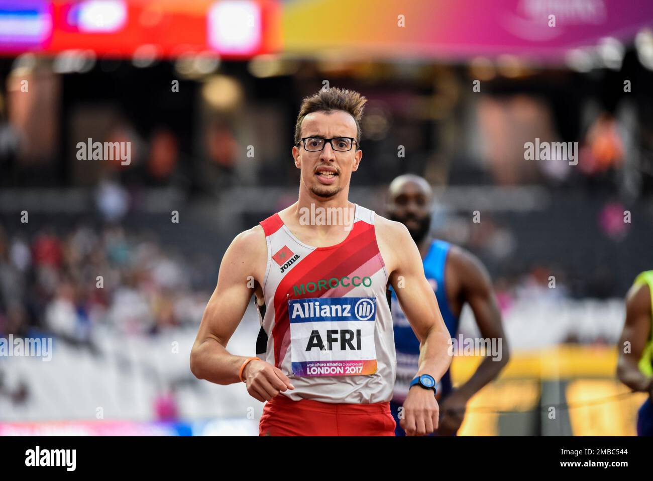 Mahdi Afri participe aux Championnats du monde d'athlétisme Para 2017 au Stade Olympique, Londres, Royaume-Uni. 200m T12 paralympique marocain malvoyants Banque D'Images