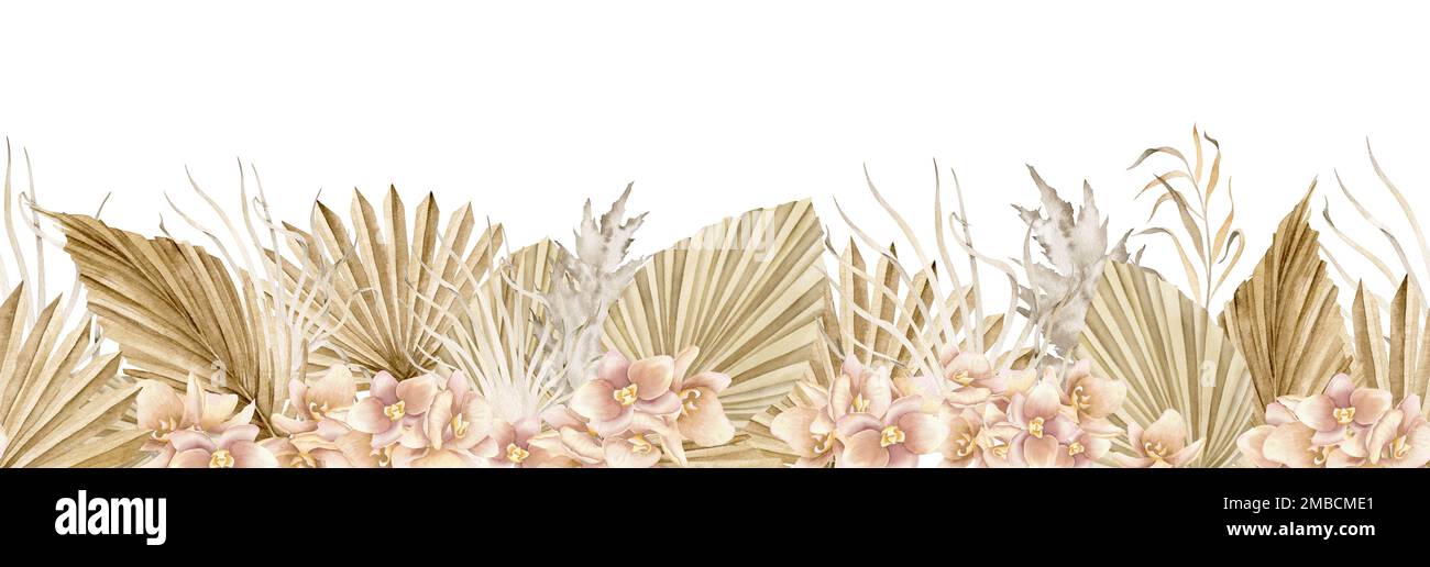 Bordure florale avec feuilles exotiques de palmier tropical et fleurs d'orchidées. Motif sans couture avec plantes séchées dans le style boho. Cadre botanique bohémien aux couleurs pastel pour les invitations de mariage ou les cartes. Banque D'Images