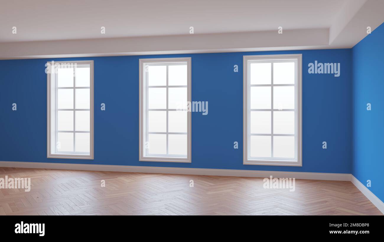Murs bleus intérieurs, trois grandes fenêtres, parquet brillant clair à chevrons et un Plinth blanc. Magnifique concept non meublé de la chambre. 3D Illustration, Ultra HD 8K, 7680x4320, 300 dpi Banque D'Images