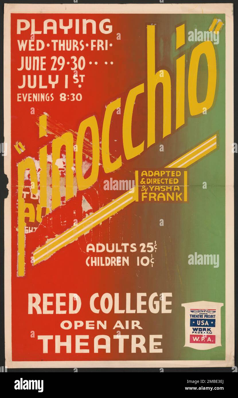 Pinocchio, [193-]. '"Pinocchio" - adapté et réalisé par Yasha Frank...Reed College Open Air Theatre'. Le Federal Theatre Project, créé par les États-Unis Works Progress Administration, en 1935, a été conçu pour conserver et développer les compétences des travailleurs du théâtre, les réemployer sur les secours publics, et pour amener le théâtre à des milliers aux États-Unis qui n'avaient jamais vu auparavant des spectacles de théâtre en direct. Banque D'Images