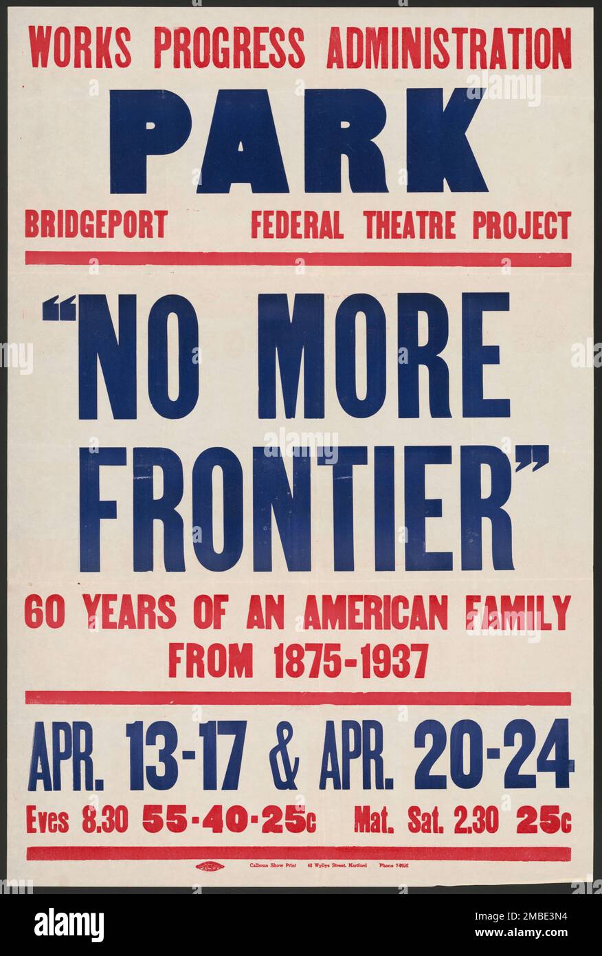 Plus Frontier, Bridgeport, CT, 1937. Works Progress Administration Park - "pas plus de frontière" - 60 ans d'une famille américaine de 1875-1937. Le Federal Theatre Project, créé par les États-Unis Works Progress Administration, en 1935, a été conçu pour conserver et développer les compétences des travailleurs du théâtre, les réemployer sur les secours publics, et pour amener le théâtre à des milliers aux États-Unis qui n'avaient jamais vu auparavant des spectacles de théâtre en direct. Banque D'Images