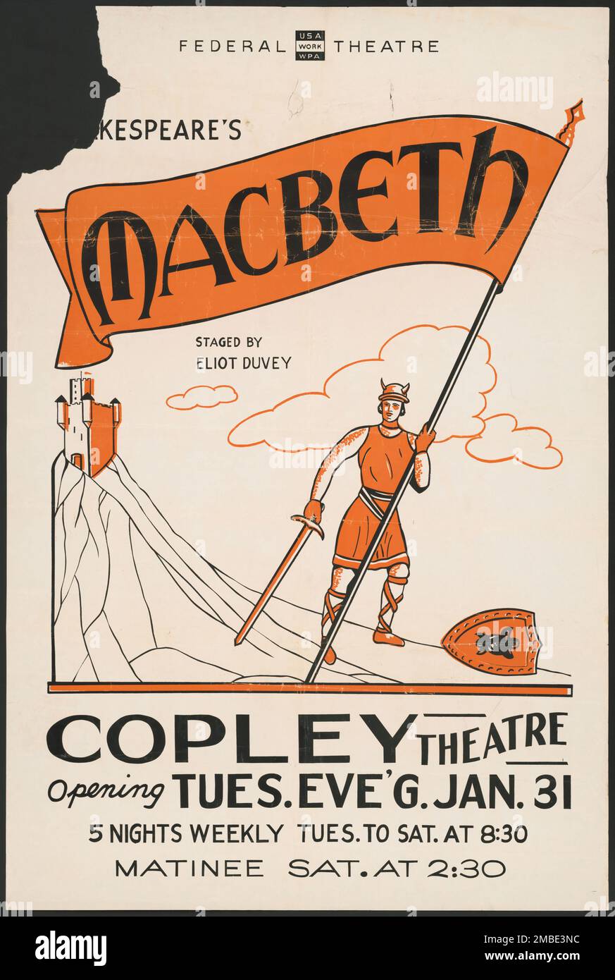 Macbeth, Boston, 1939. « Federal Theatre - Shakespeare's Macbeth mis en scène par Eliot Duvey - Copley Theatre... ». Le Federal Theatre Project, créé par les États-Unis Works Progress Administration, en 1935, a été conçu pour conserver et développer les compétences des travailleurs du théâtre, les réemployer sur les secours publics, et pour amener le théâtre à des milliers aux États-Unis qui n'avaient jamais vu auparavant des spectacles de théâtre en direct. Banque D'Images