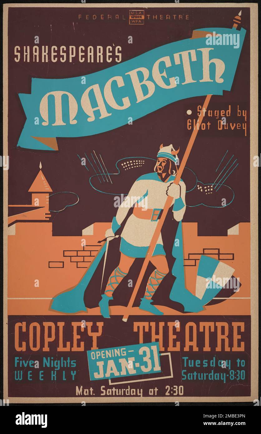Macbeth, Boston, 1939. « Federal Theatre - Shakespeare's Macbeth mis en scène par Eliot Duvey - Copley Theatre... ». Le Federal Theatre Project, créé par les États-Unis Works Progress Administration, en 1935, a été conçu pour conserver et développer les compétences des travailleurs du théâtre, les réemployer sur les secours publics, et pour amener le théâtre à des milliers aux États-Unis qui n'avaient jamais vu auparavant des spectacles de théâtre en direct. Banque D'Images