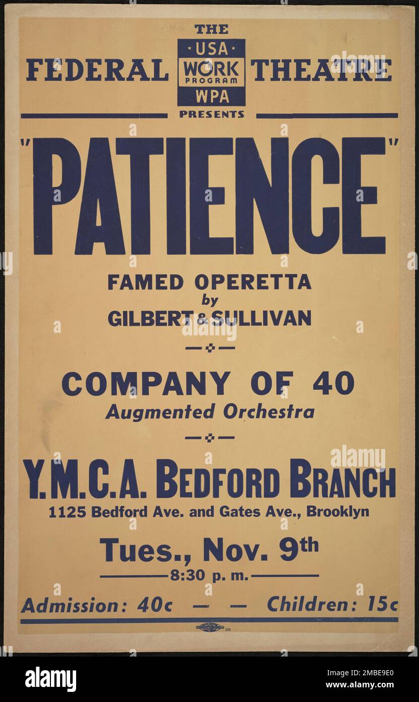 Patience, New York, [1930s]. Le Federal Theatre Project, créé par les États-Unis Works Progress Administration, en 1935, a été conçu pour conserver et développer les compétences des travailleurs du théâtre, les réemployer sur les secours publics, et pour amener le théâtre à des milliers aux États-Unis qui n'avaient jamais vu auparavant des spectacles de théâtre en direct. Banque D'Images