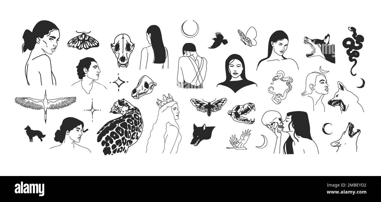 Illustration graphique abstraite vectorielle dessinée à la main avec élément de logo, ligne de symbole magique gothique avec des personnes et des animaux dans un style simple pour la marque Illustration de Vecteur