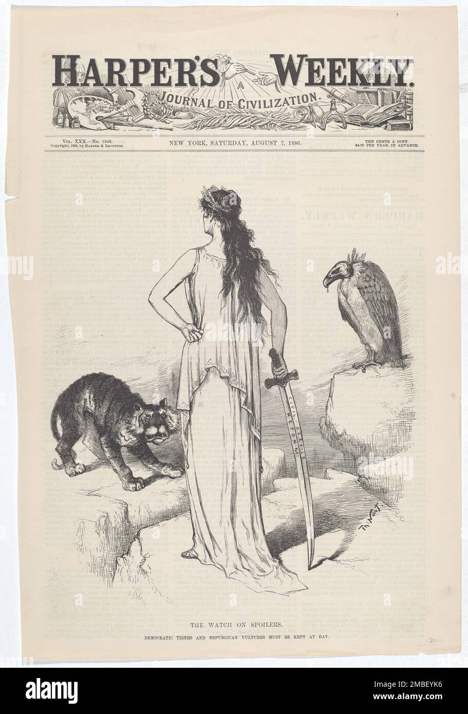Les spoilers Watch on. Les Tigres démocratiques et les vautours de la République doivent être gardés à Bay., 1886. Banque D'Images