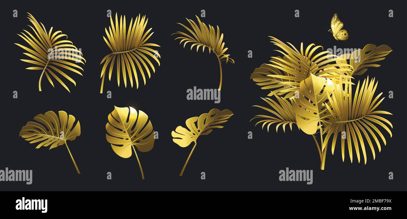 ensemble de branches dorées de plantes tropicales et un papillon sur fond noir Illustration de Vecteur