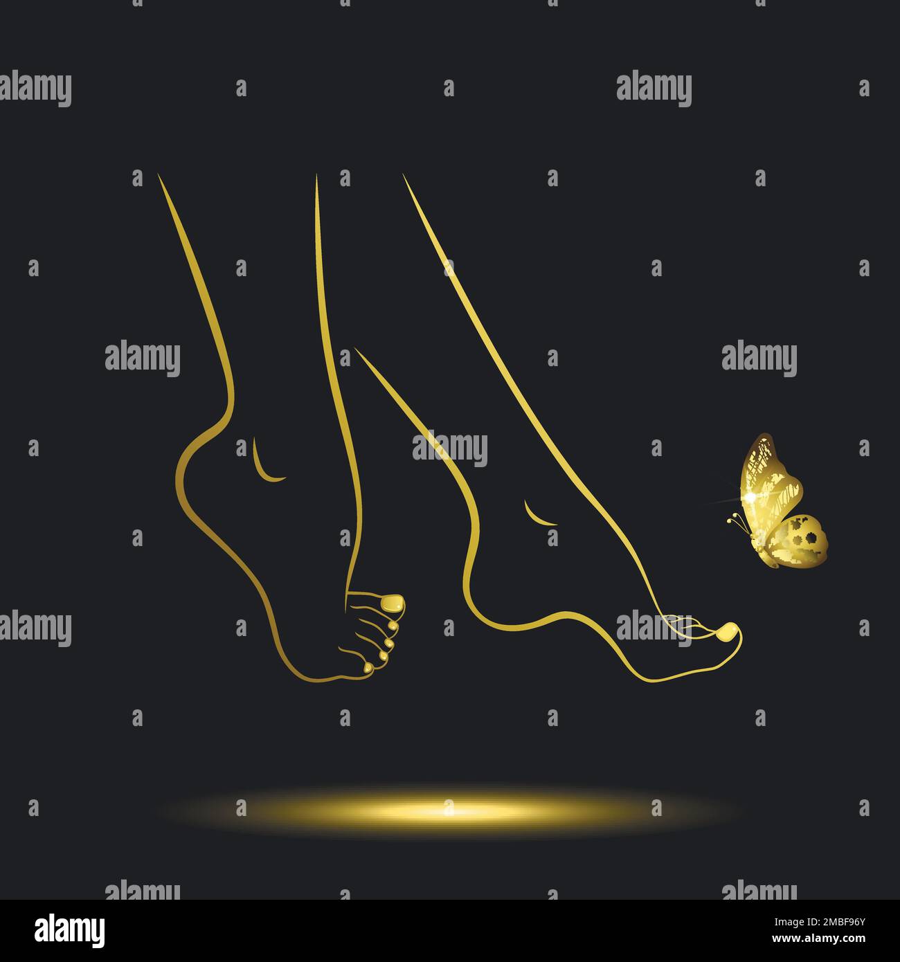 icône de pieds femelles dorés avec papillon doré sur fond noir Illustration de Vecteur