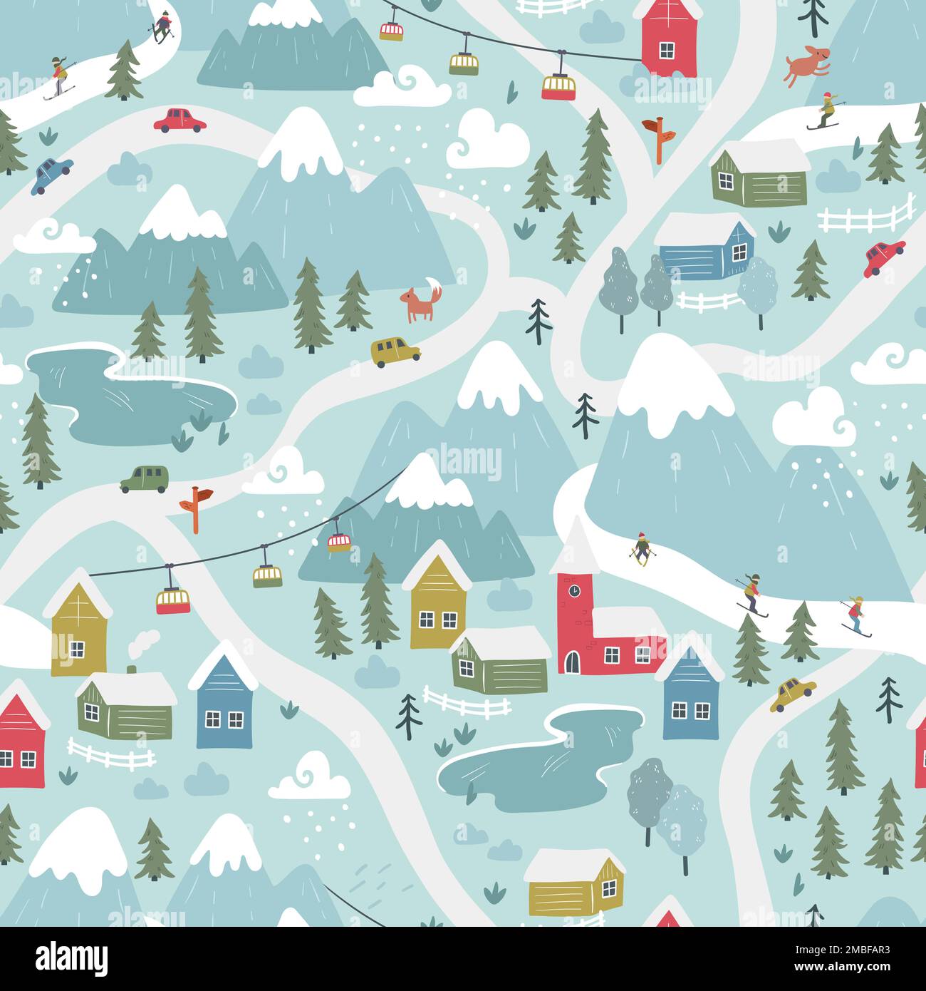 Décor d'hiver amusant dessiné à la main avec un village coloré, un domaine skiable, des montagnes et des nuages - idéal pour les textiles, le papier peint, l'emballage - conception vectorielle Illustration de Vecteur