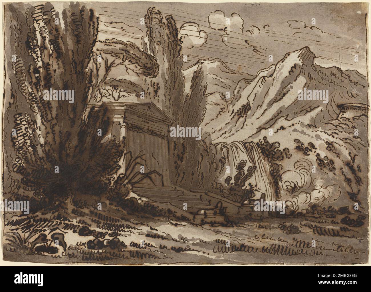 Paysage montagneux avec temple classique. Banque D'Images