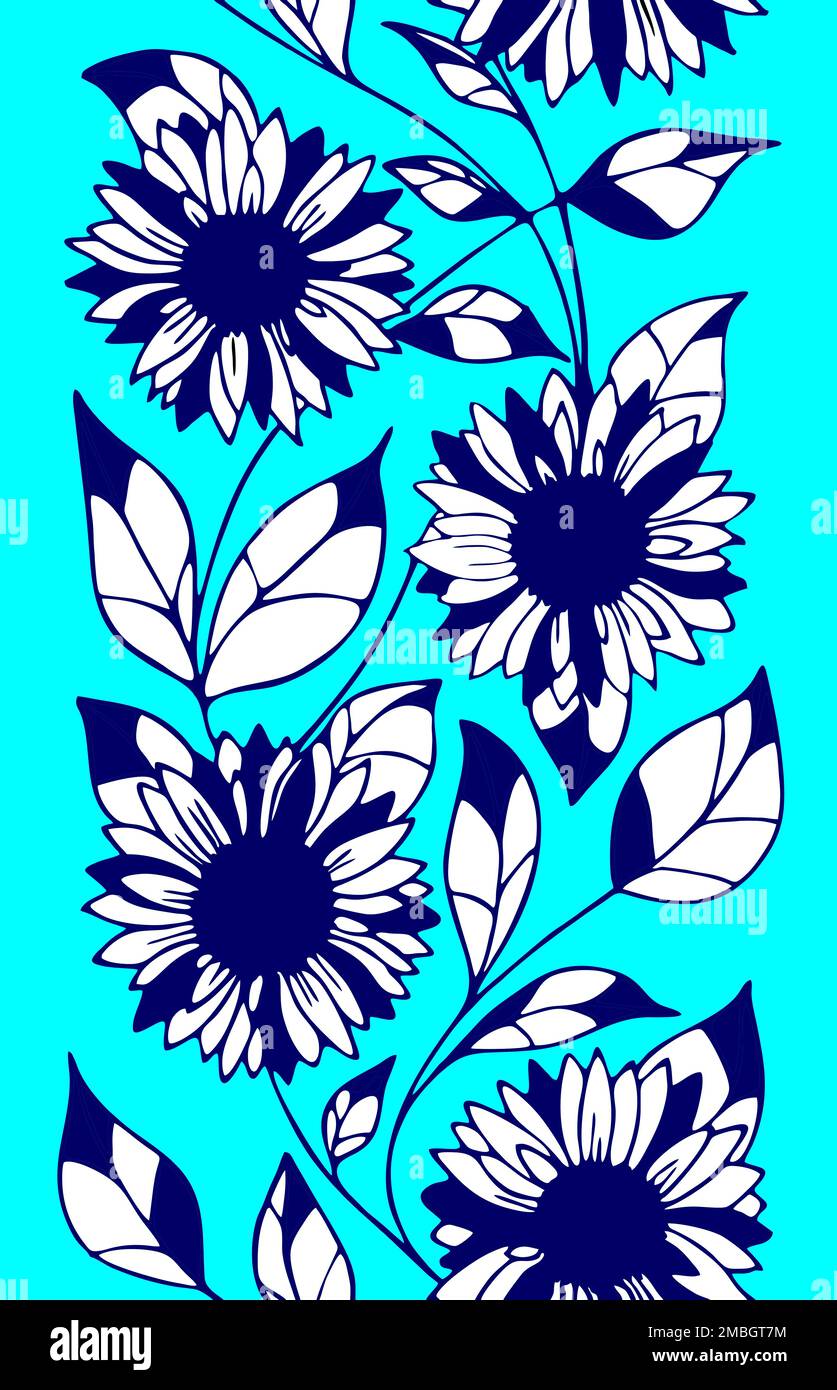 cadre fleuri sans couture de tournesol bleu et blanc sur fond turquoise, cadre floral brillant, texture Banque D'Images