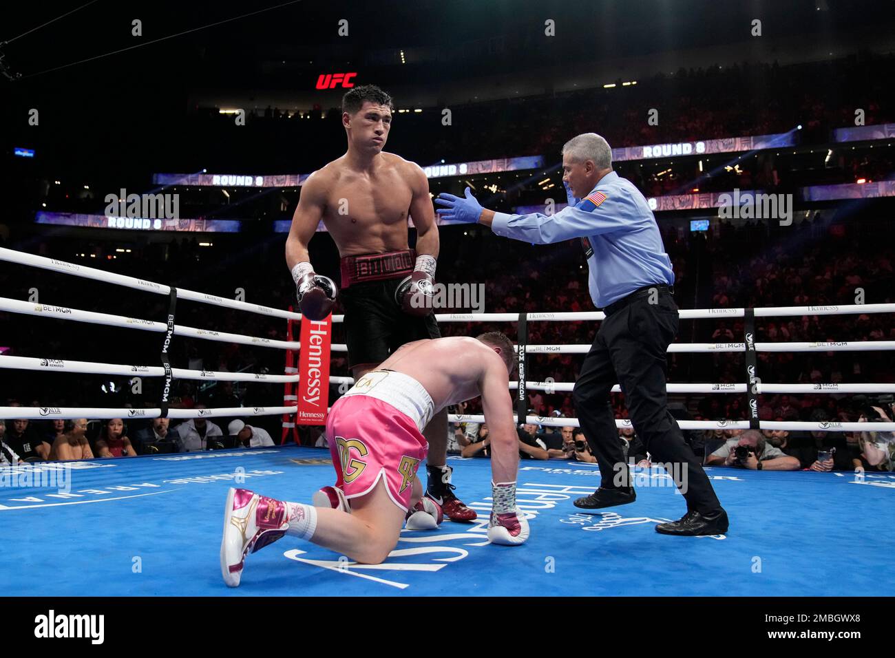 Dmitry Bivol, left, of Kyrgyzstan, stands over Canelo Alvarez, of Mexico, after pushing him down during a light heavyweight title boxing match, Saturday, May 7, 2022, in Las Vegas. (AP Photo/John Locher) Banque D'Images