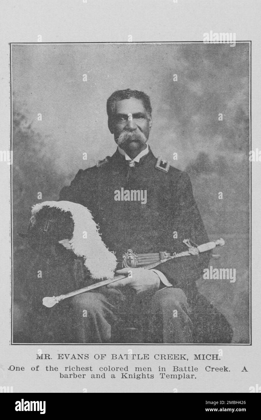 M. Evans, de Battle Creek, au Michigan; un des hommes de couleur les plus riches de Battle Creek; Un barbier et un Templier des chevaliers, 1907. Banque D'Images