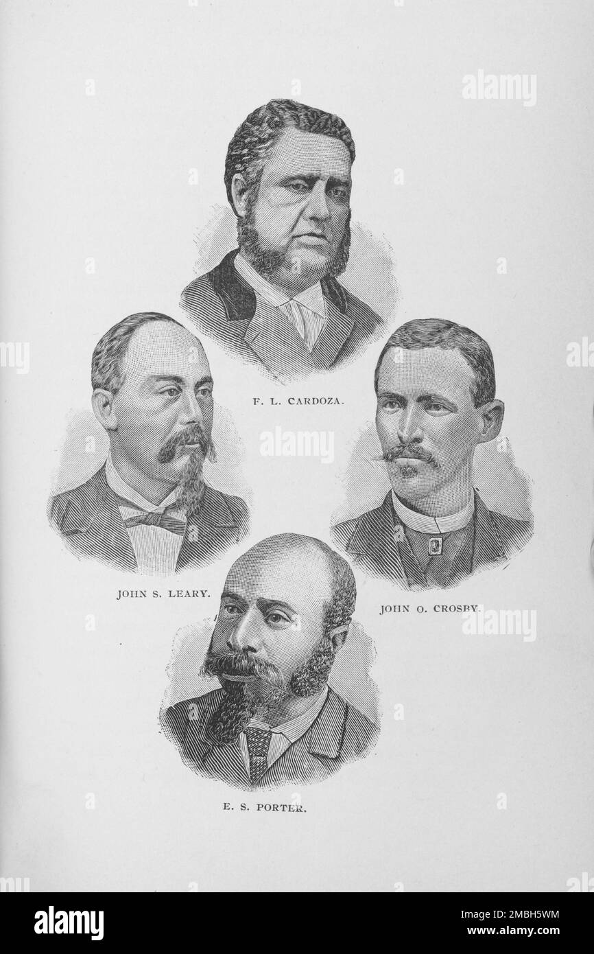 F. L. Cardoza [sic], John S. Leary, John O. Crosby, E. S. porter, 1887. Des Afro-Américains de premier plan. Le religieux et homme politique Francis Lewis Cardozo a été élu secrétaire d'État en Caroline du Sud, le premier Afro-américain à occuper un poste à l'échelle de l'État aux États-Unis. Avocat et homme politique John S. Leary a été l'un des premiers avocats noirs de Caroline du Nord et le premier doyen de la faculté de droit de l'Université Shaw. John Oliver Crosby a été le premier président de ce qui est devenu l'Université d'État agricole et technique de Caroline du Nord. Edward S. porter était médecin pour la ville de Louisville Banque D'Images