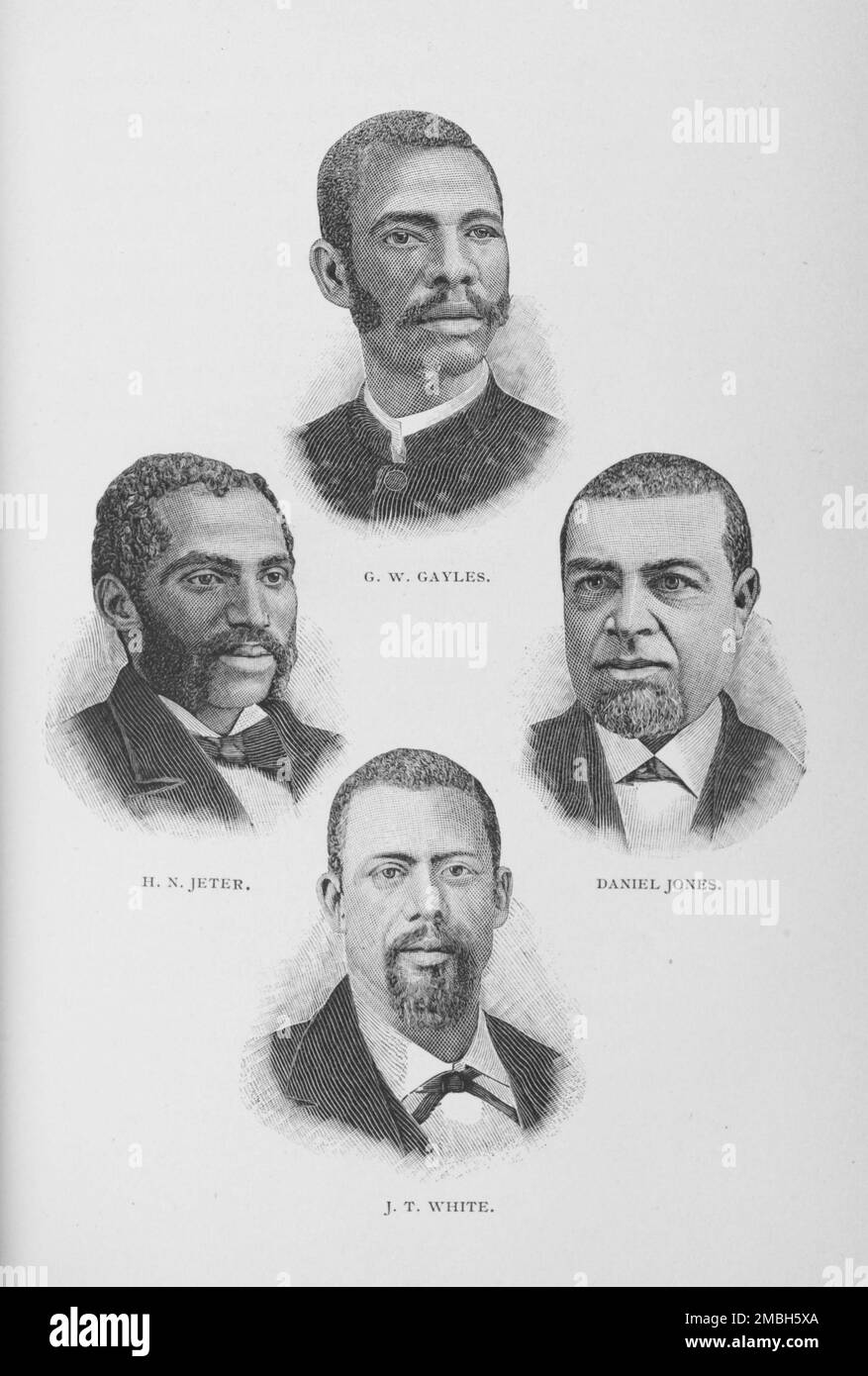 G. W. Gayles, H. N. Jeter, Daniel Jones, J. T. White, 1887. Des Afro-Américains de premier plan. Le ministre baptiste et le législateur d'État George Washington Gayles. Le ministre baptiste et militant de la justice sociale Henry Norval Jeter. Ministre épiscopal méthodiste Daniel Jones. James T. White, ministre baptiste et homme politique. De "Men of Mark: Éminent, progressiste et ascendant" par William J. Simmons. Banque D'Images