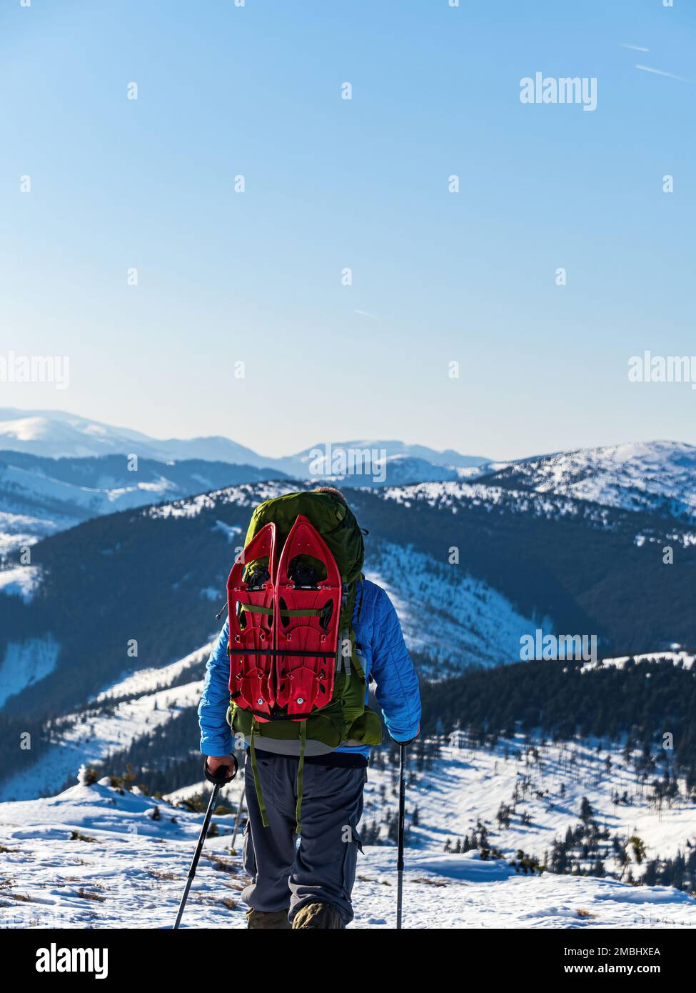 Homme d'âge moyen de l'arrière randonnée pédestre avec sac à dos et des bâtons de randonnée en hiver sur une crête de montagne enneigée par temps ensoleillé de près Banque D'Images
