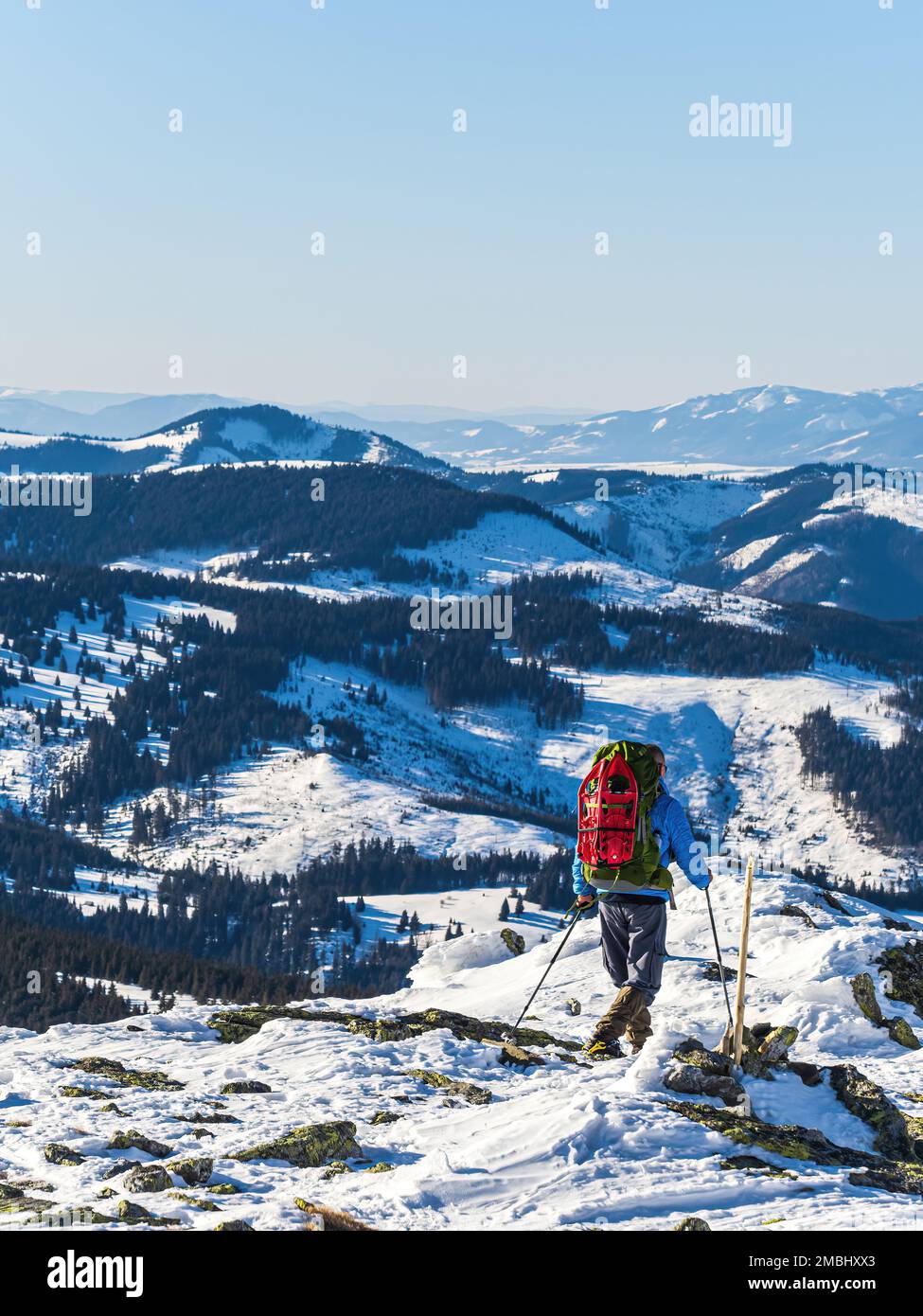 Homme d'âge moyen de l'arrière randonnée pédestre avec sac à dos et des bâtons de randonnée au loin pendant l'hiver sur une crête de montagne enneigée par temps ensoleillé Banque D'Images