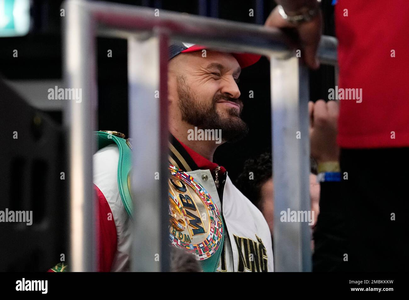 British heavyweight boxer Tyson Fury takes part in weigh-in at the Boxpark Wembley venue, near Wembley Stadium, in London, Friday, April 22, 2022. Wembley Stadium will stage Tyson Fury's defense of the WBC heavyweight title against British countryman Dillian Whyte on Saturday. (AP Photo/Matt Dunham) Banque D'Images