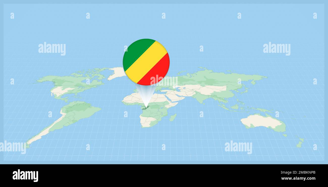 Situation du Congo sur la carte du monde, marquée d'une épingle de drapeau du Congo. Illustration vectorielle cartographique. Illustration de Vecteur