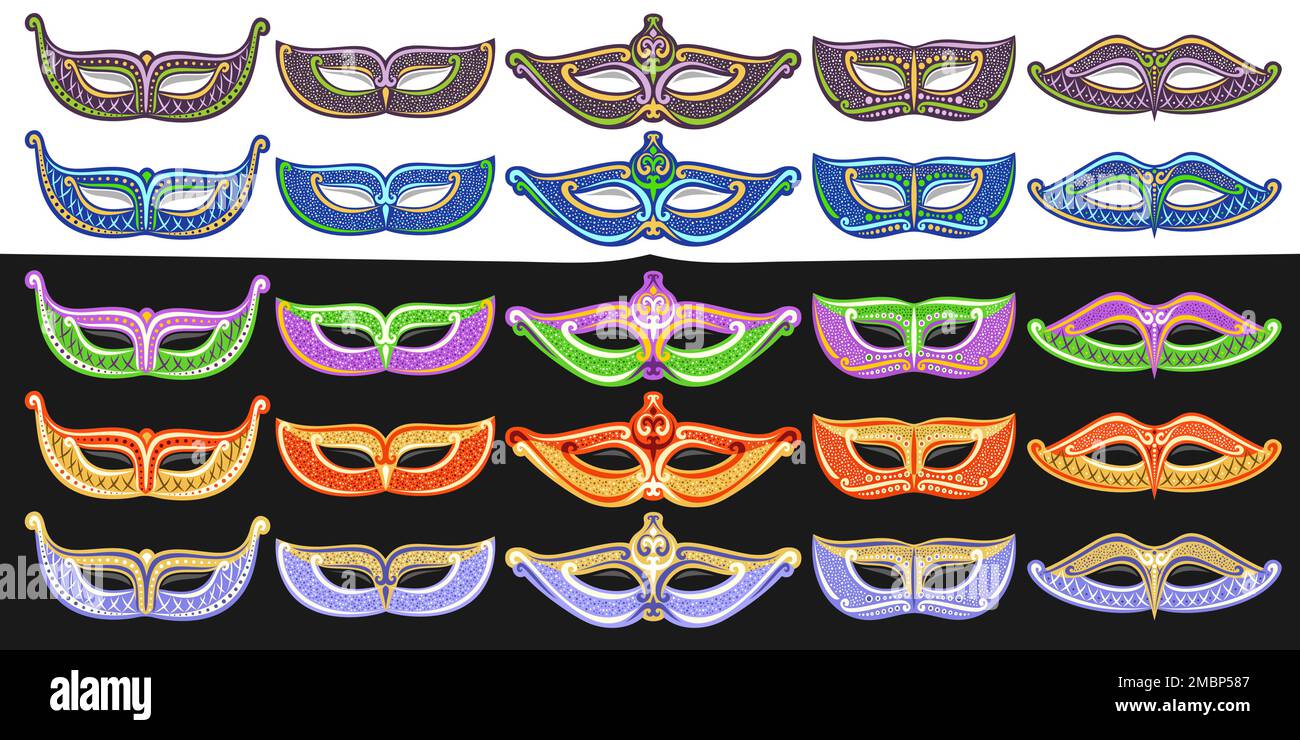 Vector Carnival Mask Set, bannière décorative avec collection de masques de carnaval découpés avec confetti, costume vénitien coloré pour les caribens Illustration de Vecteur