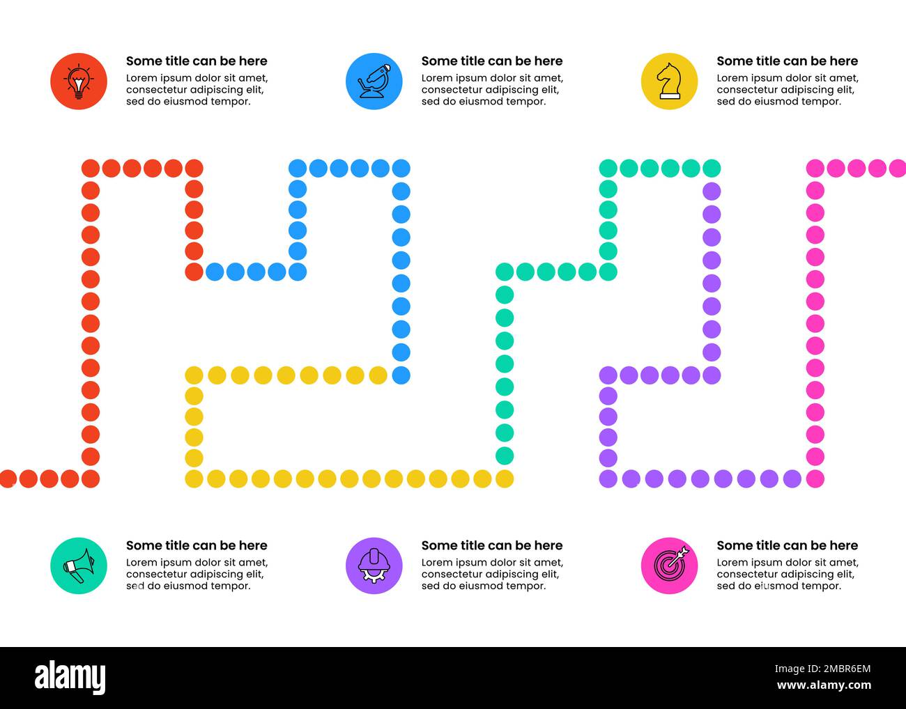 Modèle d'infographie avec icônes et 6 options ou étapes. Chronologie. Peut être utilisé pour la mise en page de flux de travail, le diagramme, la bannière, la conception Web. Illustration vectorielle Illustration de Vecteur