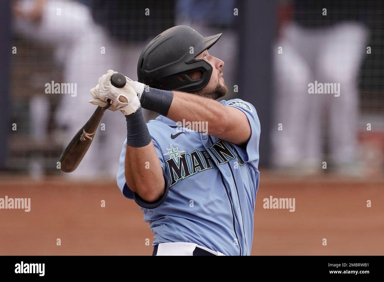 Seattle Mariners' Cal Raleigh bats during the first inning of a spring  training baseball game against the Texas Rangers, Sunday, March 19, 2023,  in Surprise, Ariz. (AP Photo/Abbie Parr Stock Photo - Alamy