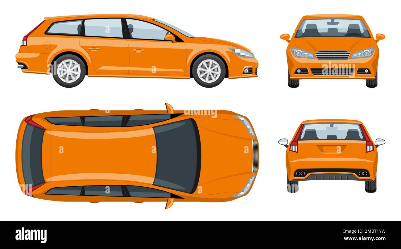 Modèle de vecteur de voiture Orange station wagon avec des couleurs simples sans dégradés ni effets. Vue latérale, avant, arrière et supérieure Illustration de Vecteur