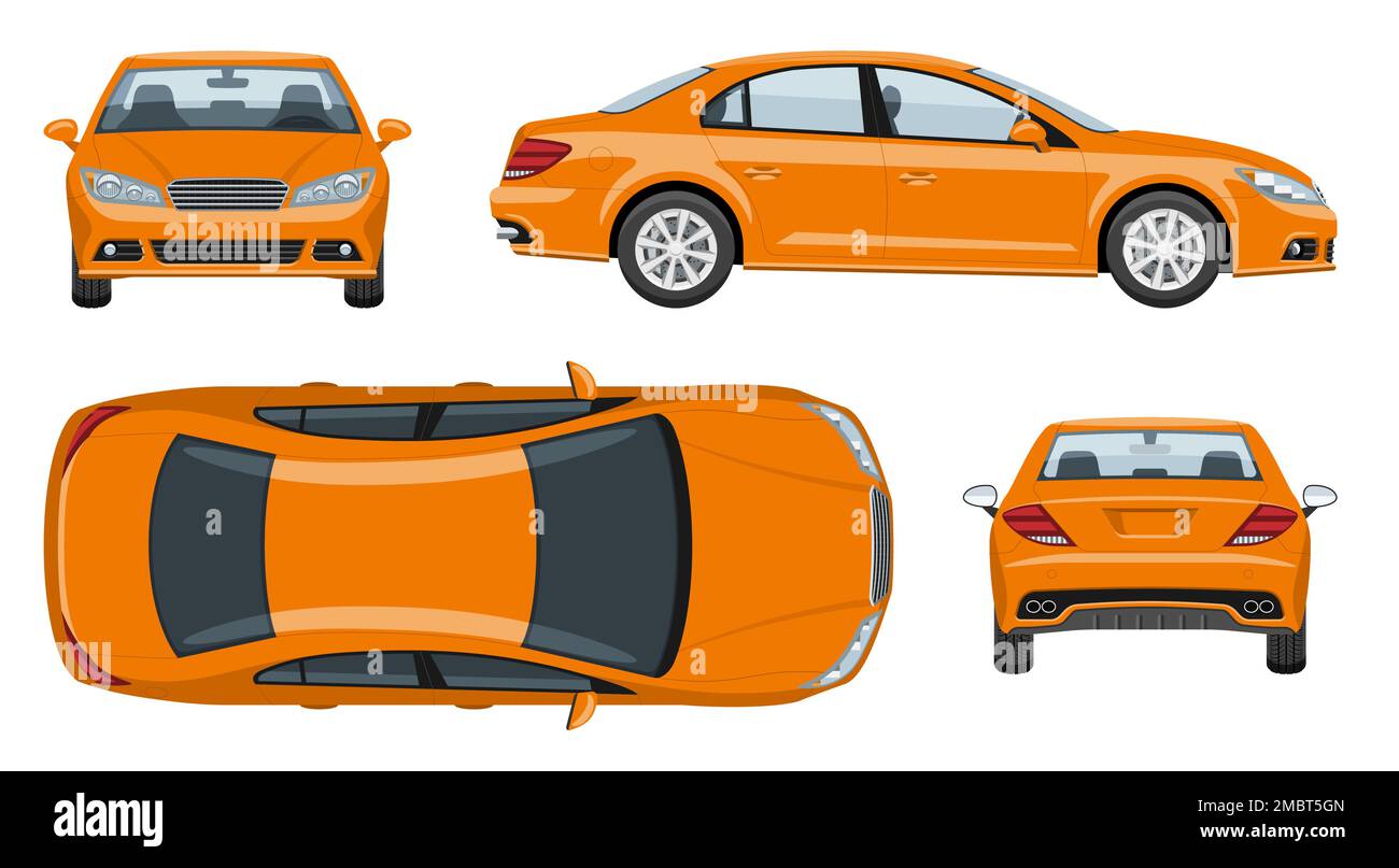 Modèle de vecteur de voiture orange avec des couleurs simples sans dégradés ni effets. Vue latérale, avant, arrière et supérieure Illustration de Vecteur