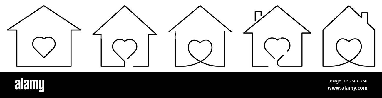 Ensemble de maison de ligne avec des icônes de coeur. Illustration vectorielle isolée sur fond blanc Illustration de Vecteur