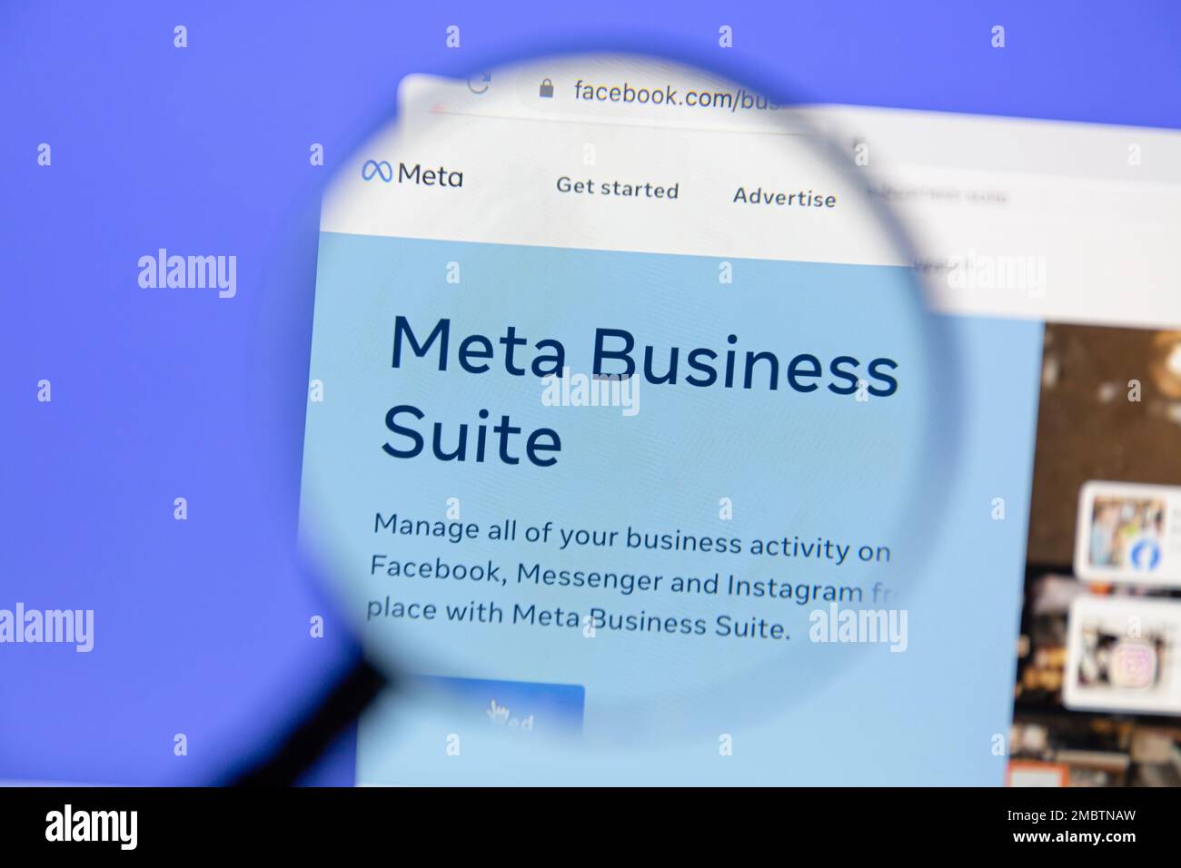 Ostersund, Suède - 28 décembre 2022 : site web de la suite d'affaires META. Meta Platforms, Inc possède Facebook, Instagram et WhatsApp, entre autres produits et se Banque D'Images