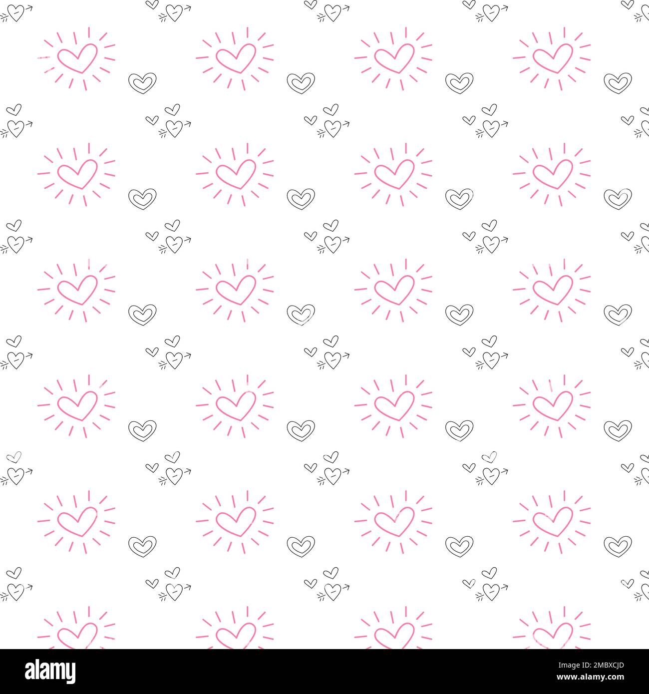 Dessin à la main coeur de la Saint-Valentin Love Doodle Line motif en rose et noir Illustration de Vecteur