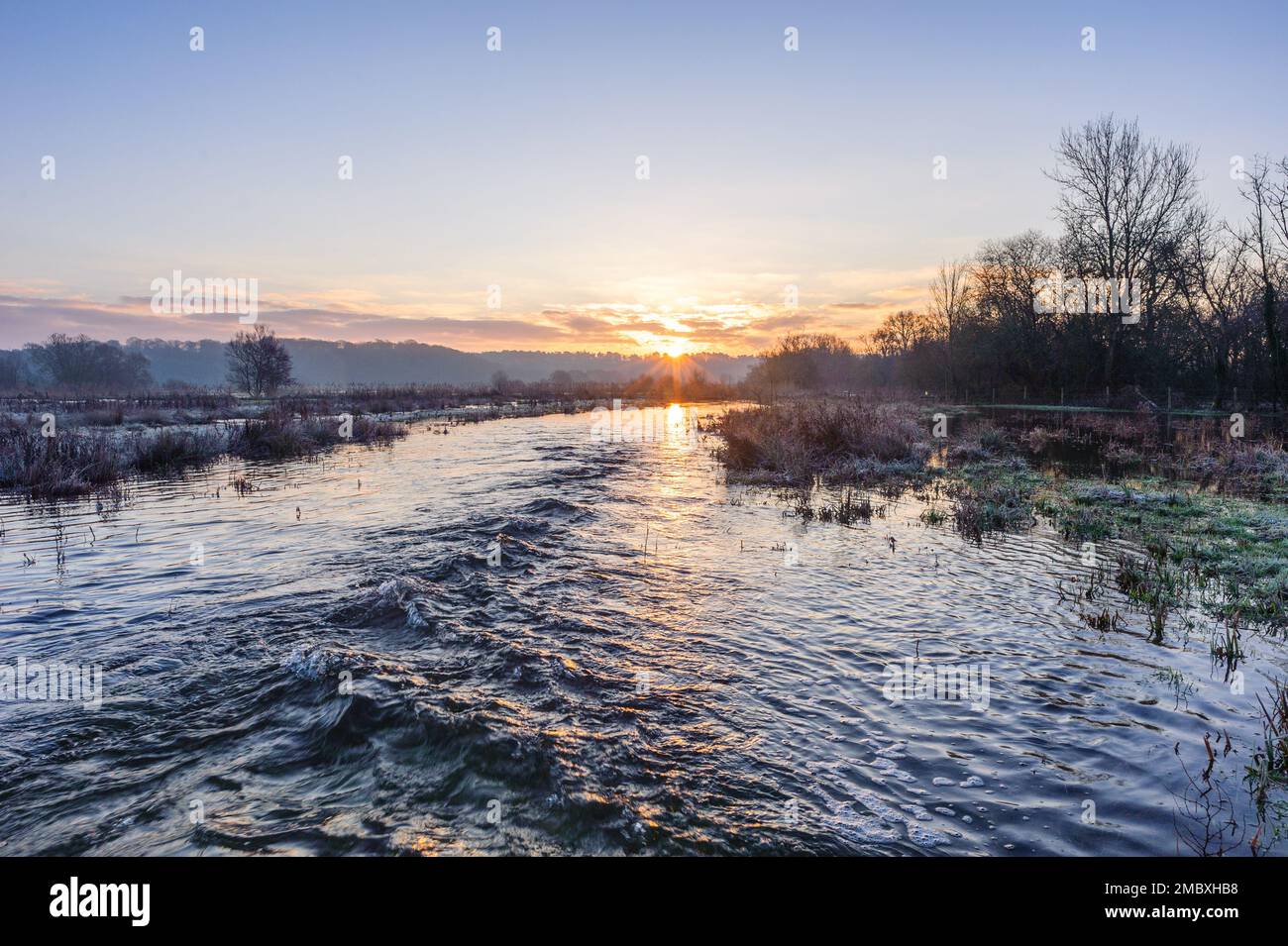 Burgate, Fordingbridge, Hampshire, Angleterre, Royaume-Uni, 21st janvier 2023, temps : inondations et gel au lever du soleil sur le sentier de la vallée de l'Avon à travers les terres agricoles vers la Nouvelle forêt. La route est impraticable en raison de l'inondation. Crédit : Paul Biggins/Alamy Live News Banque D'Images