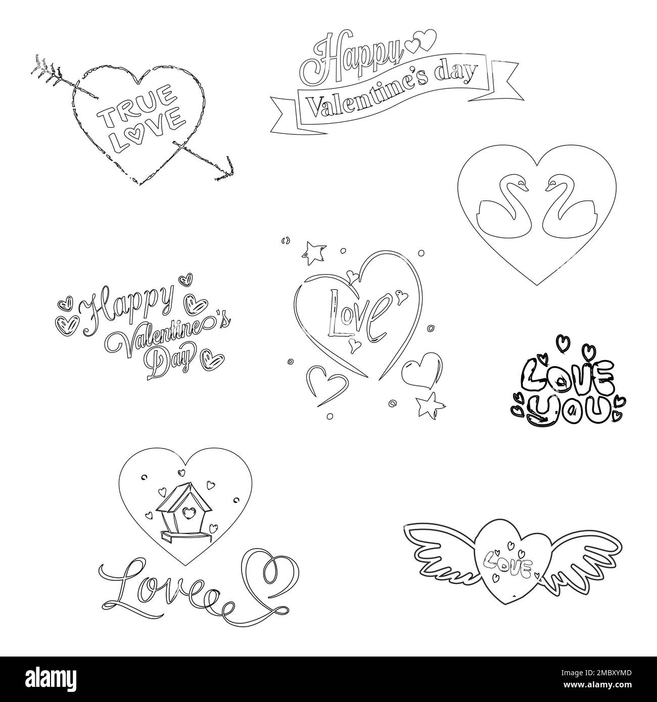 Amour émotionnel coeur forme Doodle dessin conçu Saint-Valentin romantique Monochrome Icon Set Collection Illustration de Vecteur
