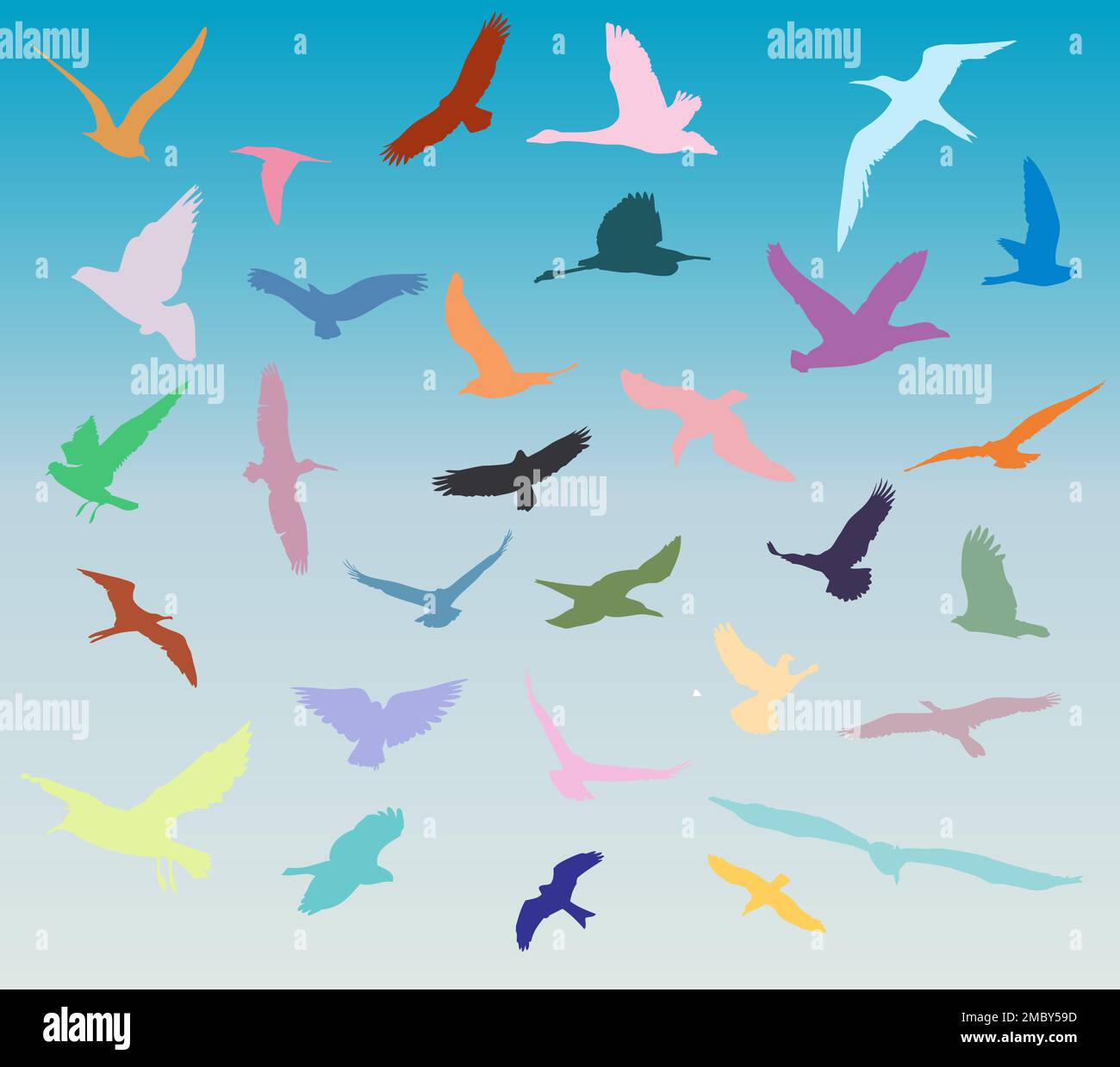 Vol d'oiseaux Flock au-dessus de l'horizon et de la mer du ciel bleu Illustration de Vecteur