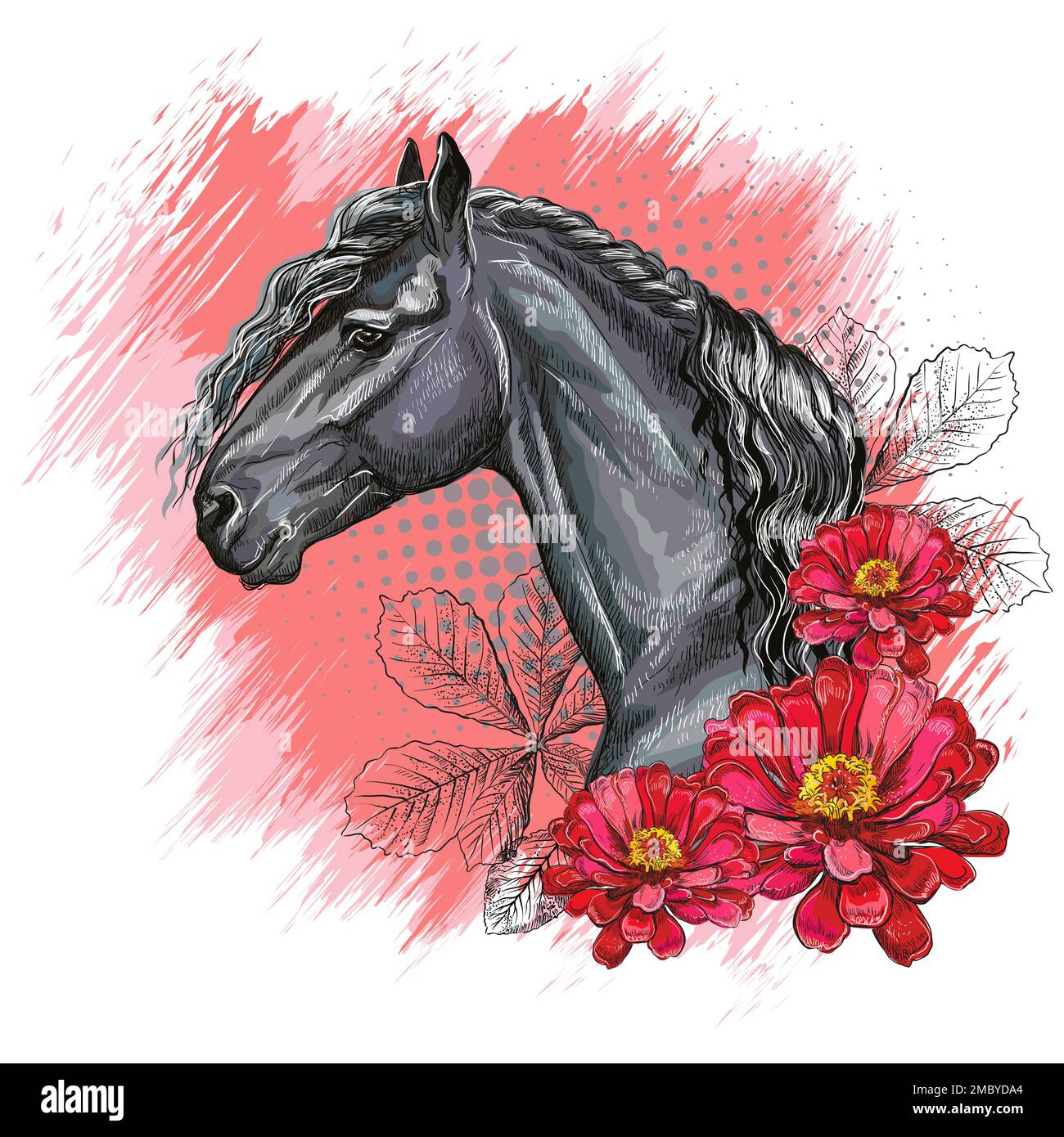 Portrait d'un cheval noir, fleurs et feuilles de zinnia. Imprimé dessiné à la main. Illustration vectorielle isolée sur fond blanc. Pour les t-shirts compositio Illustration de Vecteur