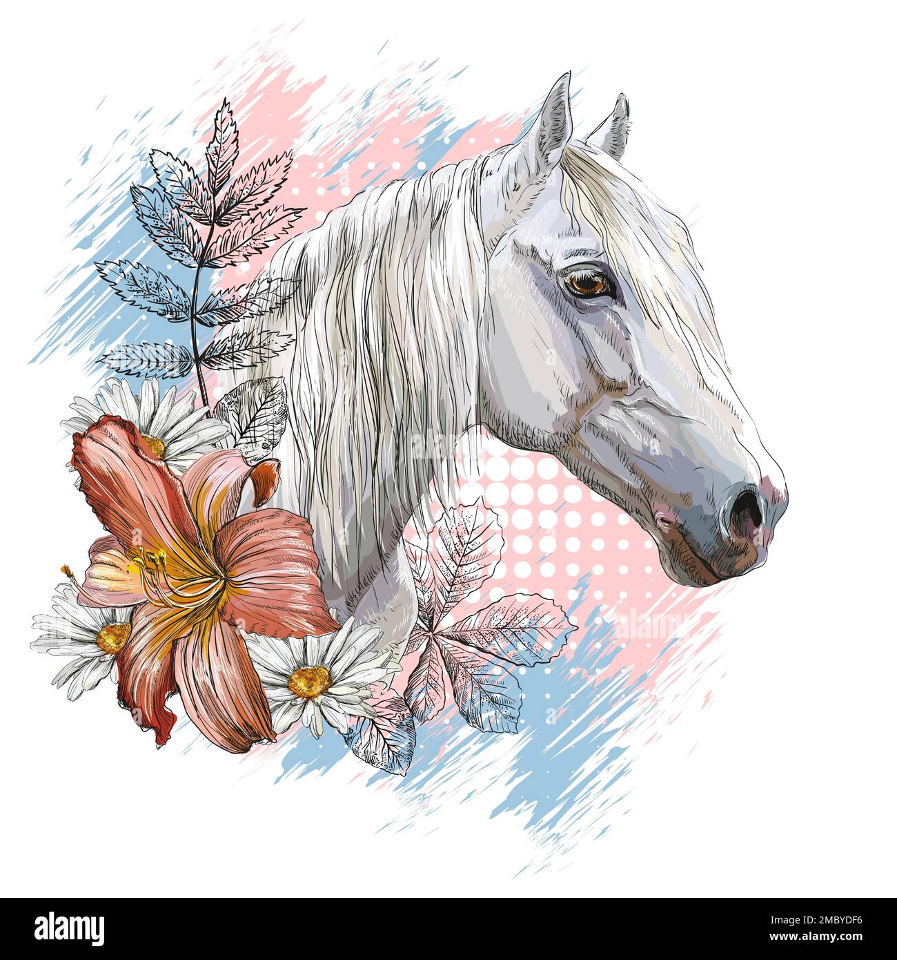 Portrait d'un cheval blanc, de fleurs de nénuphars et de feuilles. Imprimé dessiné à la main. Illustration vectorielle isolée sur fond blanc. Pour la composition d'un t-shirt, Illustration de Vecteur