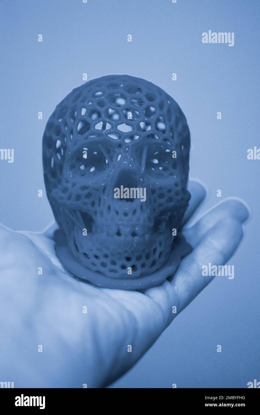 Un homme tenant à la main un modèle d'un prototype de crâne humain imprimé sur une imprimante 3D Banque D'Images