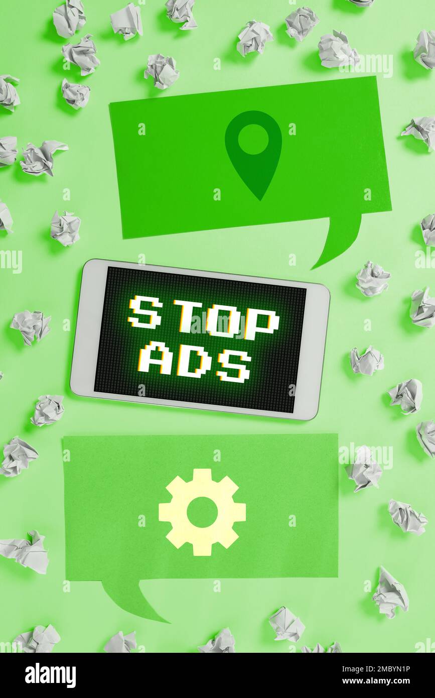 Affichage conceptuel Stop Ads. Programme de concept d'affaires qui supprimera différents types de publicité du Web Banque D'Images