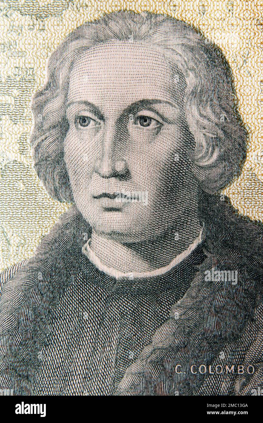 Christophe Colomb, personnage historique italien, découvreur et navigateur, portrait sur un billet de 5000 lires italien, gravure graphique Banque D'Images