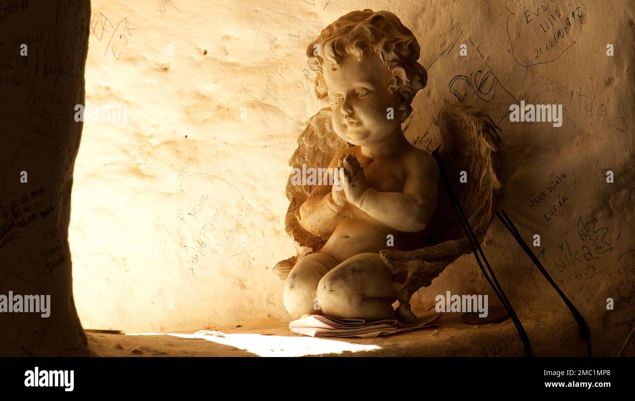 Niche de fenêtre, figure d'un ange, Ermita de la Pena, chapelle, Barranco de Las Penitas, Fuerteventura, îles Canaries, Espagne Banque D'Images