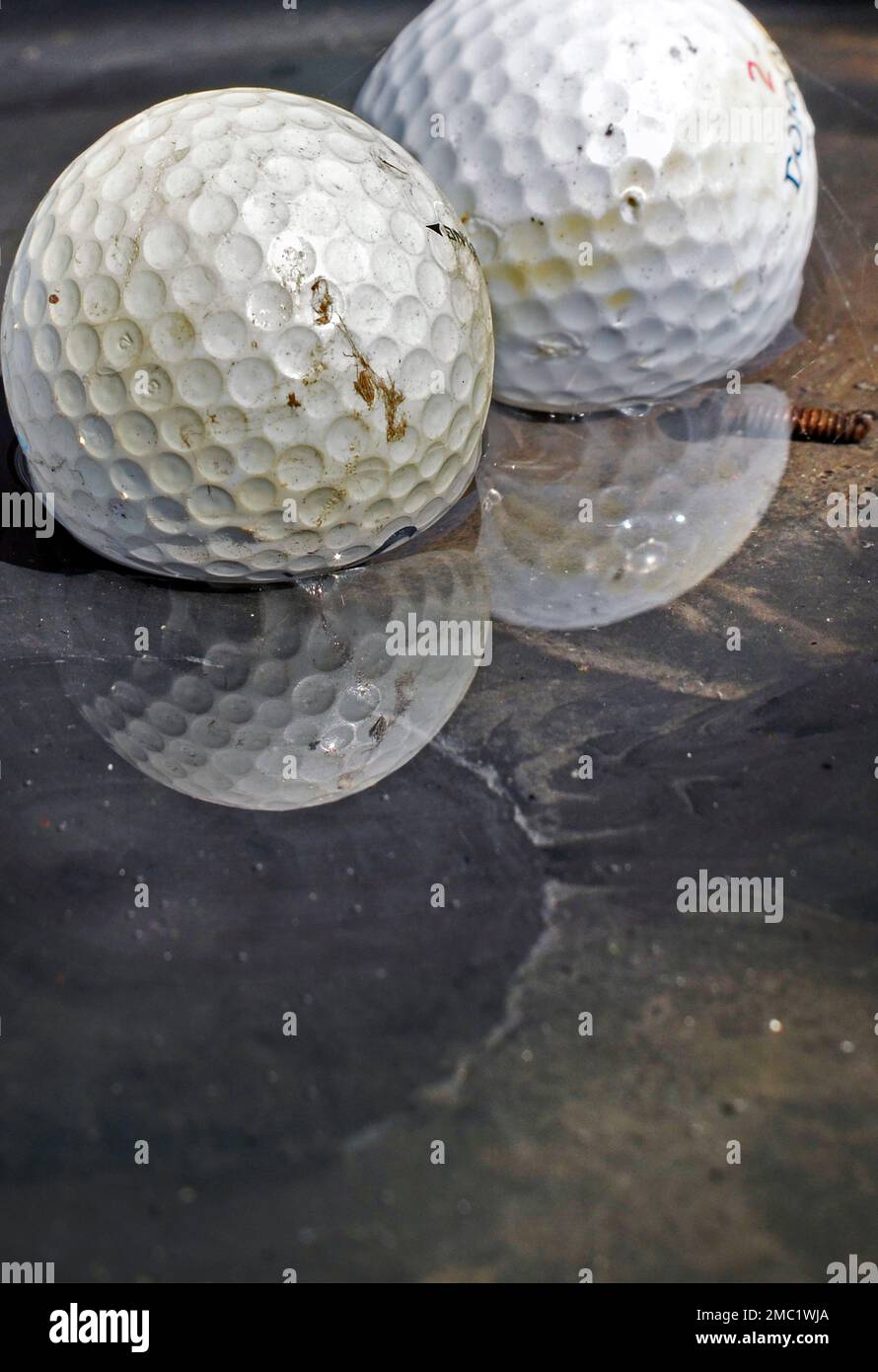 vieilles balles de golf reposant dans une flaque d'eau sale Banque D'Images