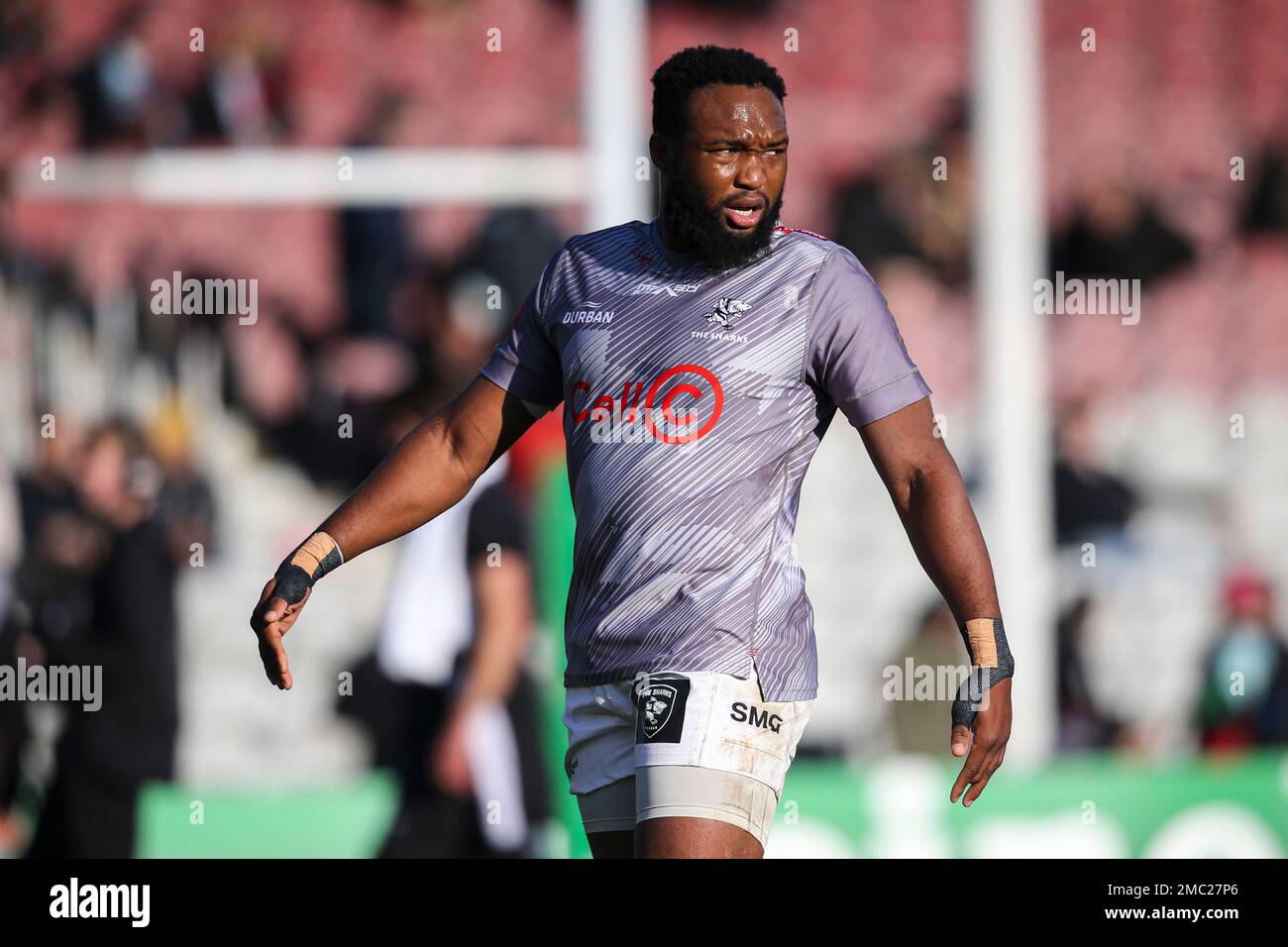 Lukhanyo de Cell C Sharks avant le match de la coupe des champions Heineken à Twickenham Stoop, Londres. Date de la photo: Samedi 21 janvier 2023. Banque D'Images