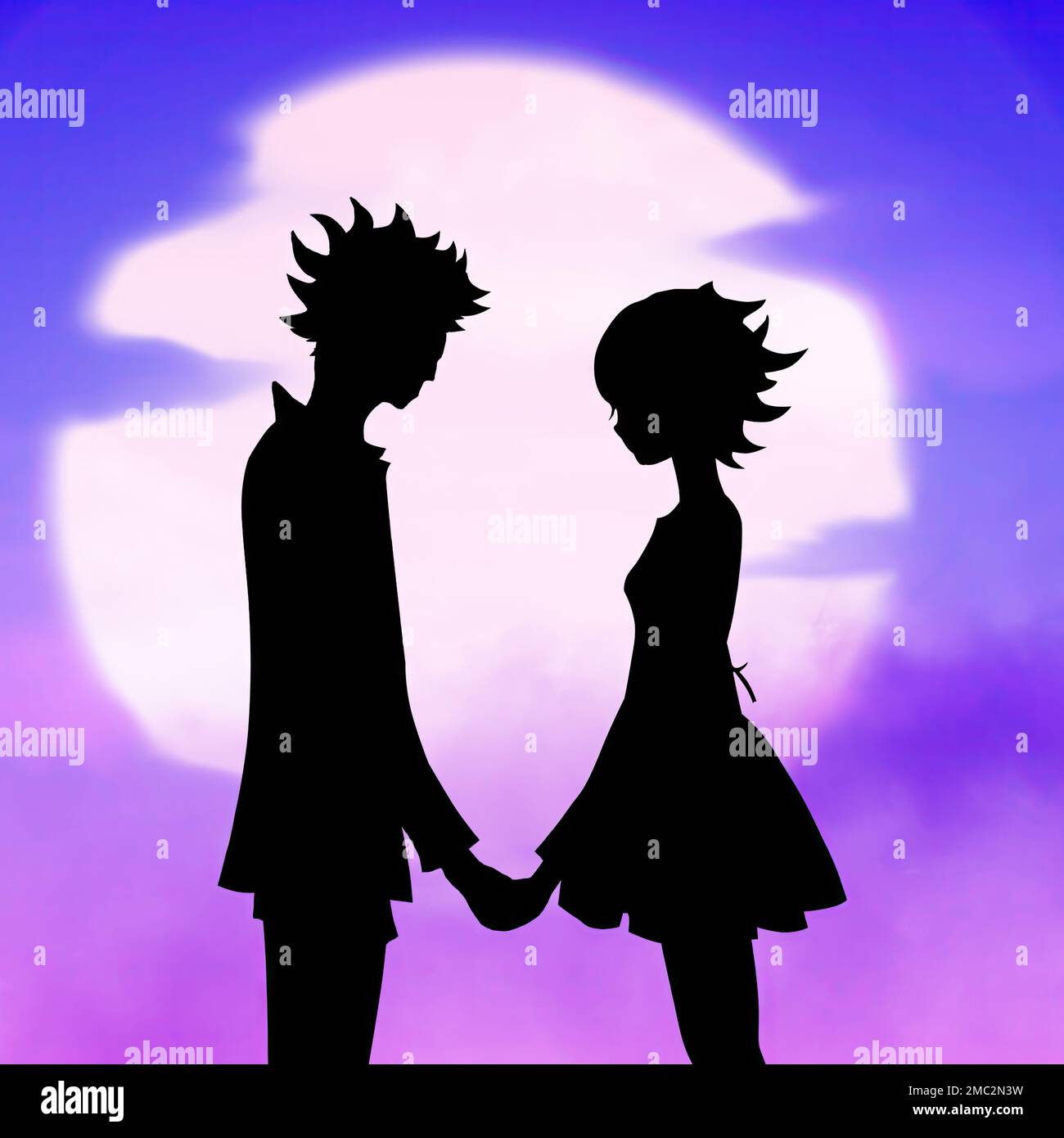 Illustration de silhouettes de couple épris de style Anime debout contre le Soleil Banque D'Images